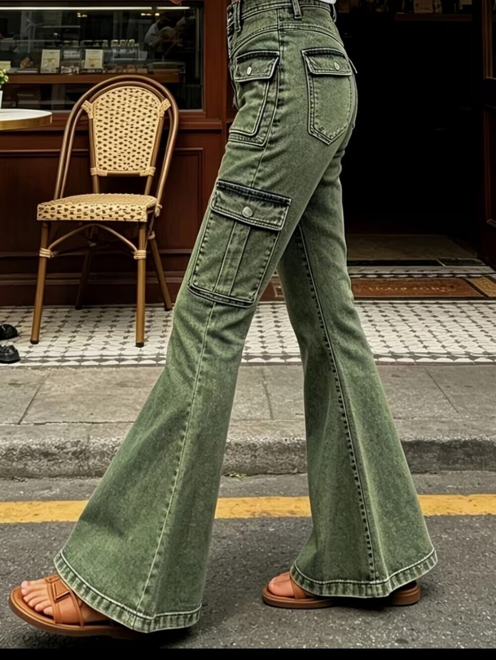 Olive Green Flared Cargo Jeans - Women